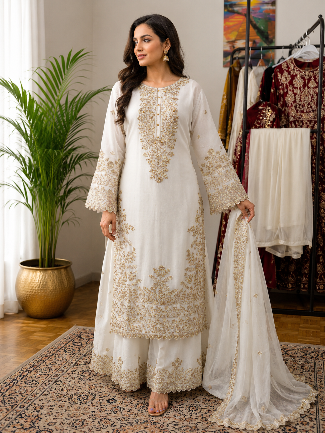 Elegant White & Gold Embroidered Sharara 3-Piece Suit