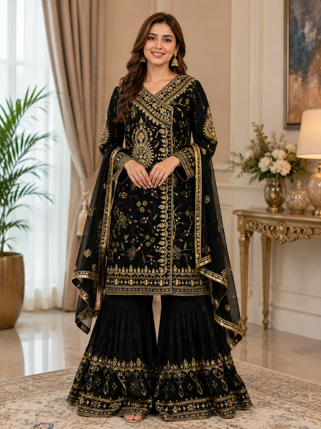 Black & Gold Embroidered Sharara 3-Piece Suit