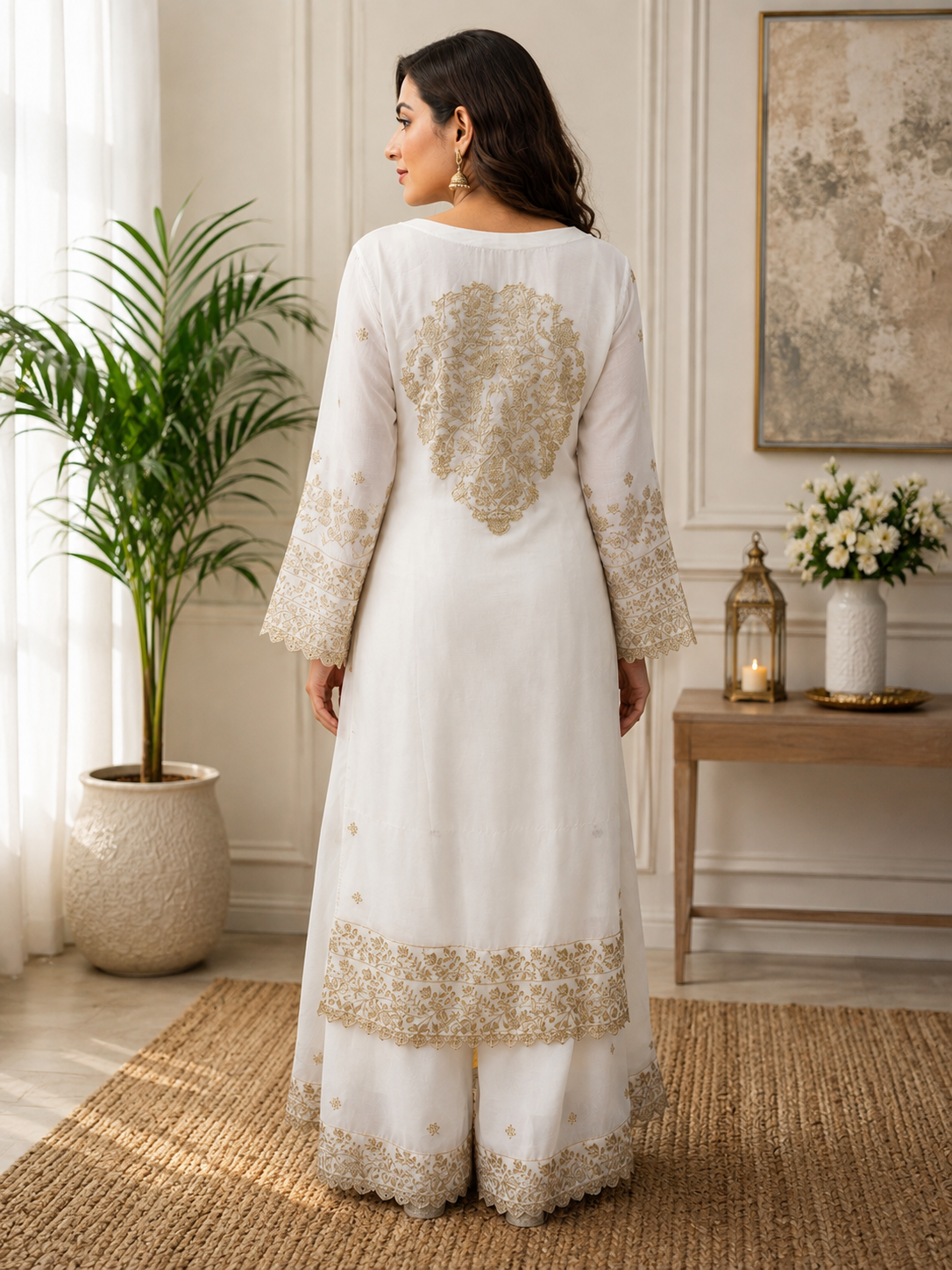 Elegant White & Gold Embroidered Sharara 3-Piece Suit