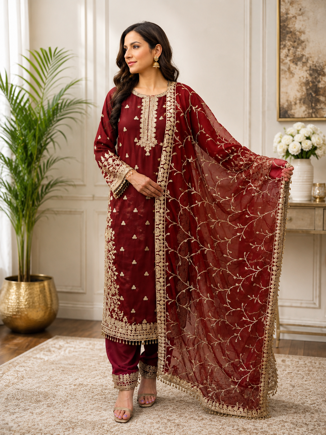 Maroon & Gold Embroidered 3-Piece Suit.