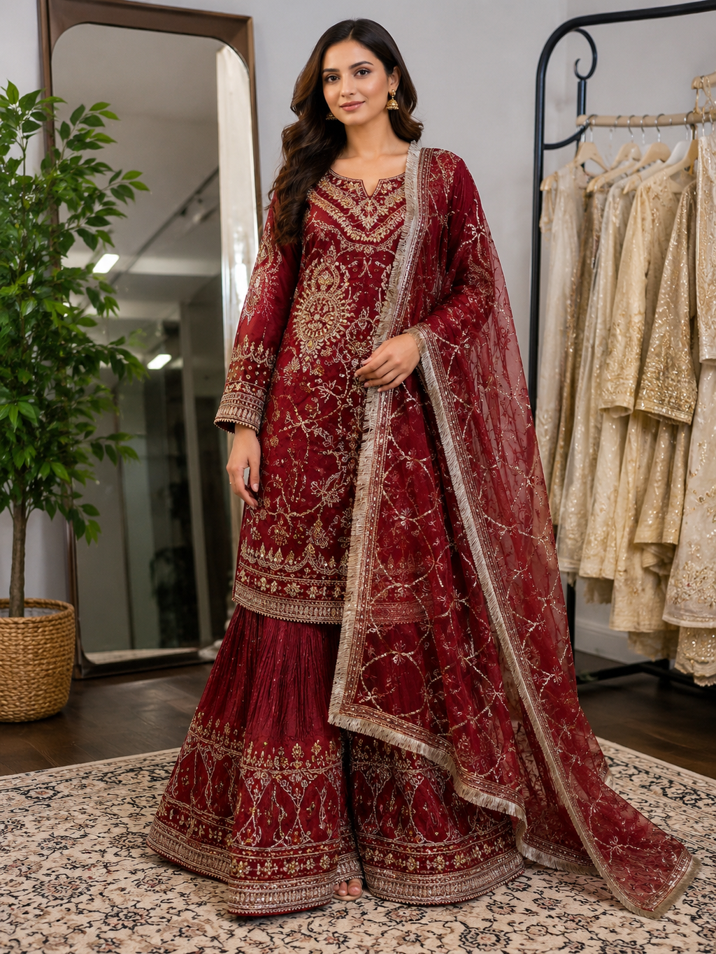 Elegant Maroon Embroidered 3-Piece Maxi Suit