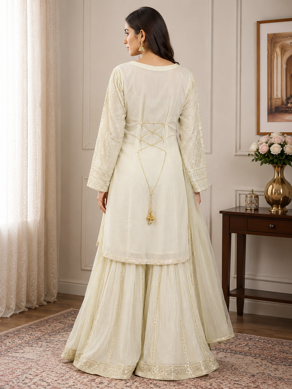 Elegant Ivory Embroidered Sharara 3-Piece Suit