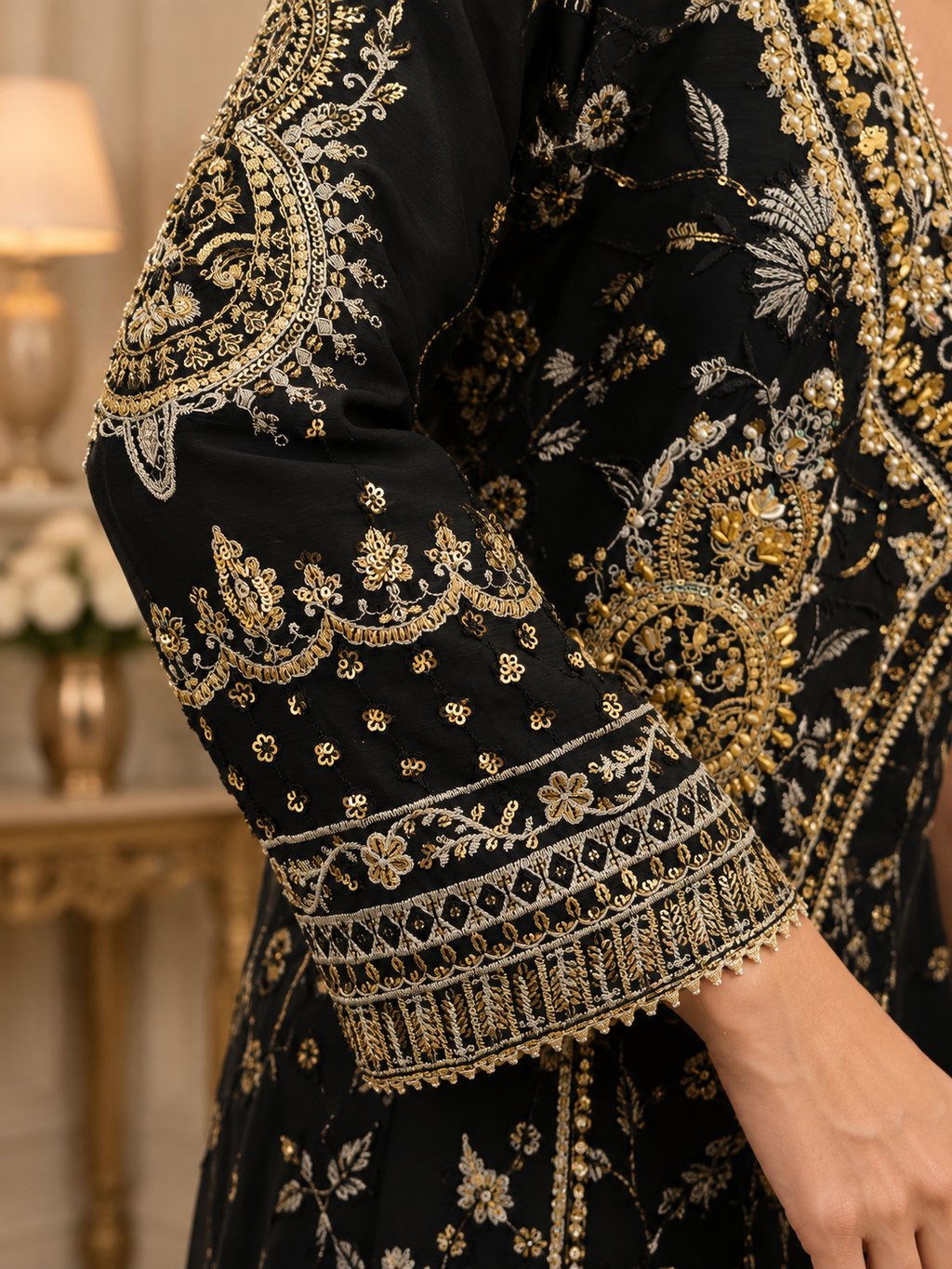 Black & Gold Embroidered Sharara 3-Piece Suit