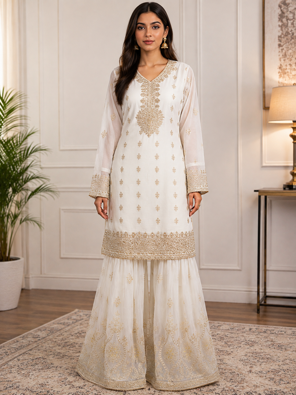 Elegant White & Gold Embroidered Sharara 3-Piece Suit with Chiffon Dupatta