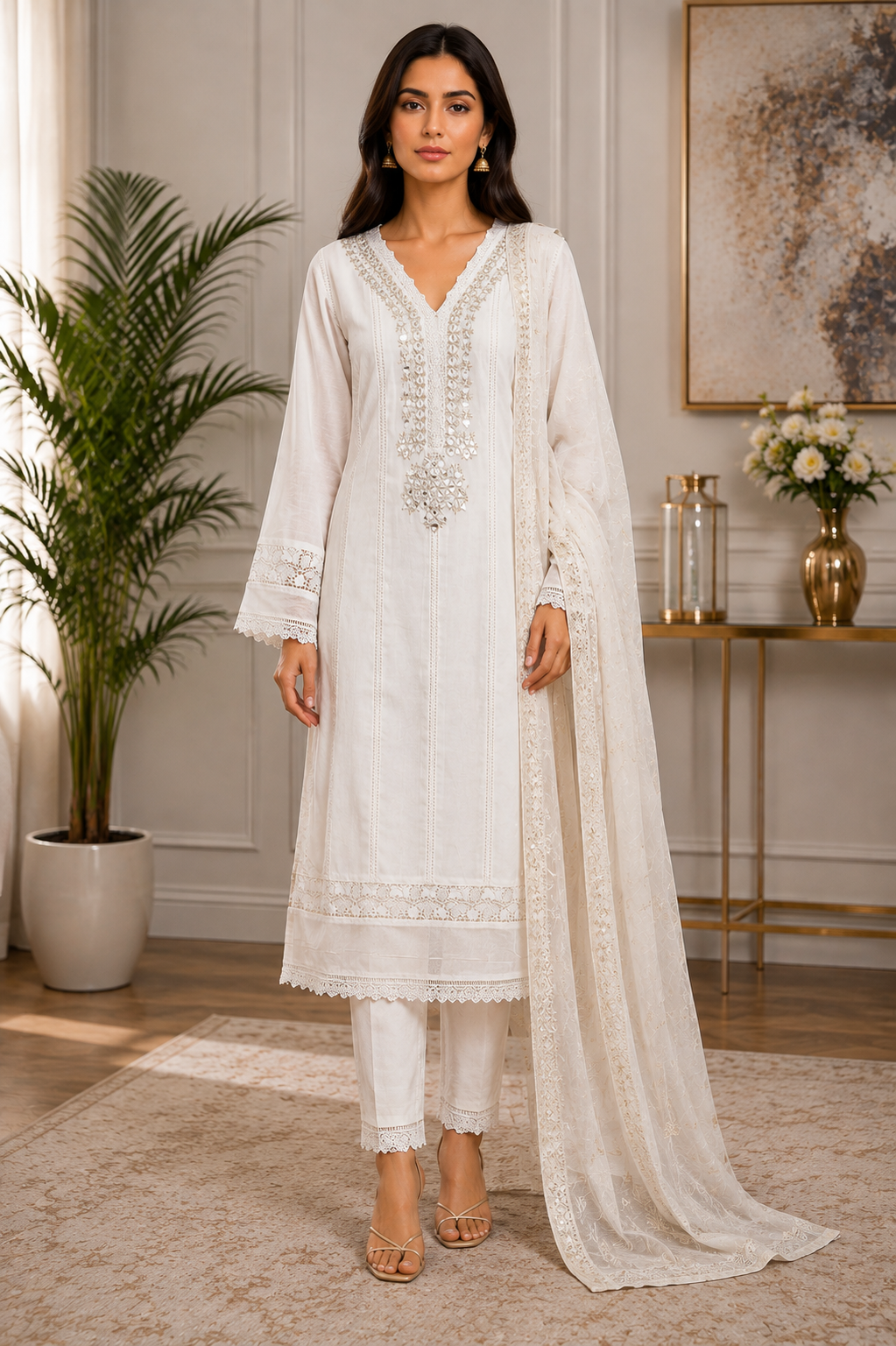 Elegant White Embroidered 3-Piece Suit