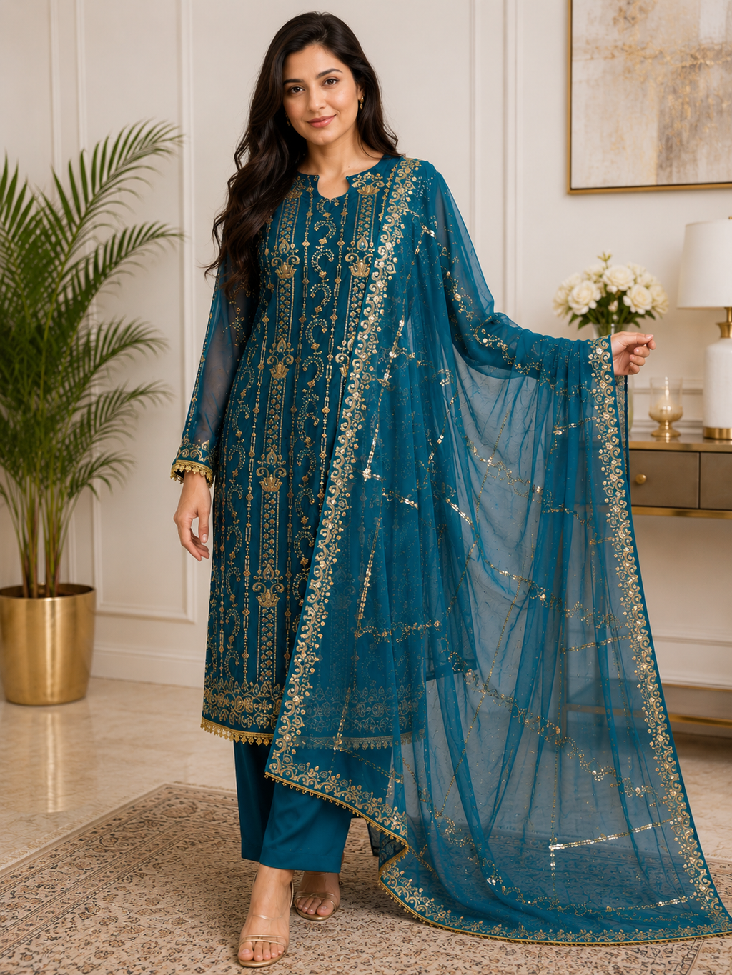 Teal Blue & Gold Embroidered Pakistani 3-Piece Suit with Chiffon Dupatta