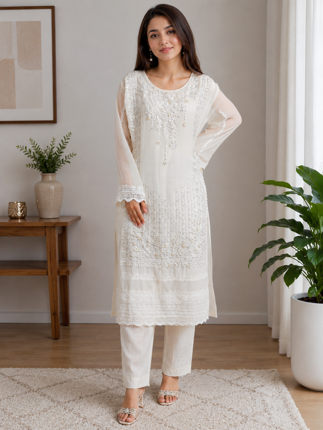 Elegant White Embroidered 3 Piece Suit
