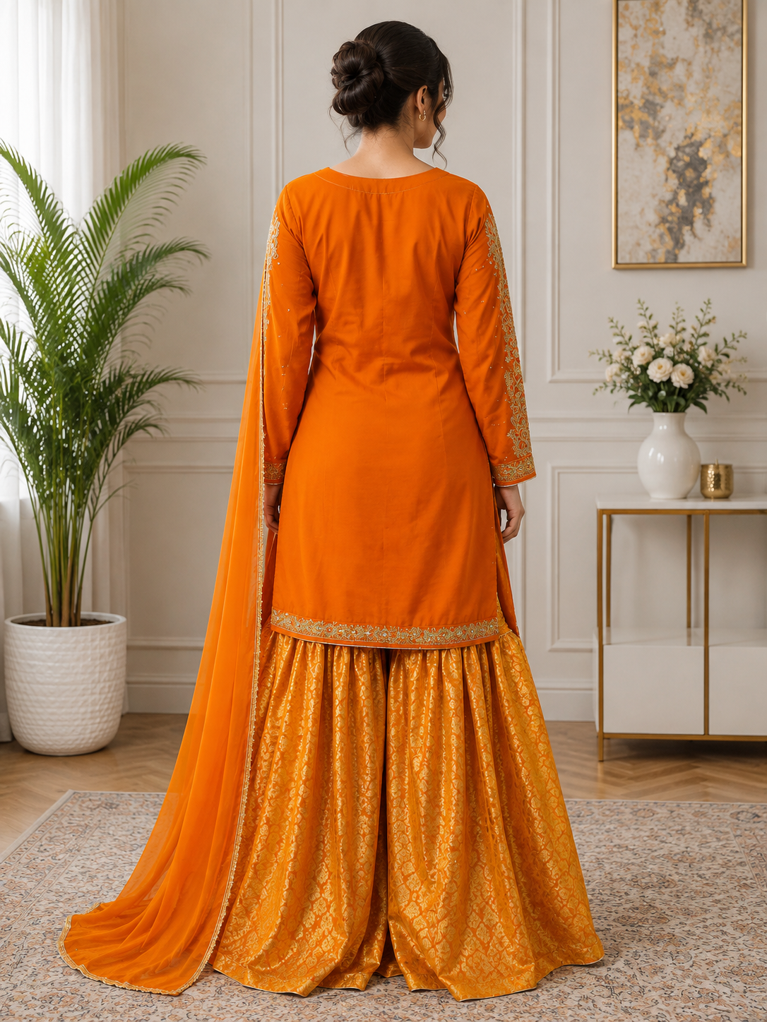 Elegant Orange Embroidered Sharara Suit with Matching Dupatta