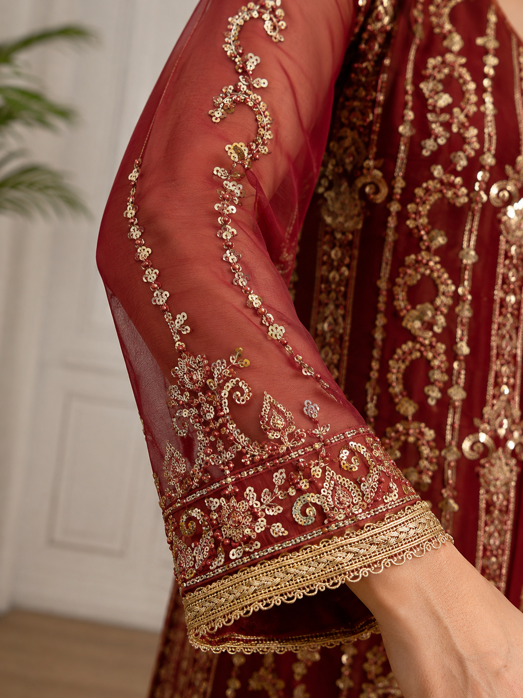 Maroon & Gold Embroidered Pakistani 3-Piece Suit with Chiffon Dupatta