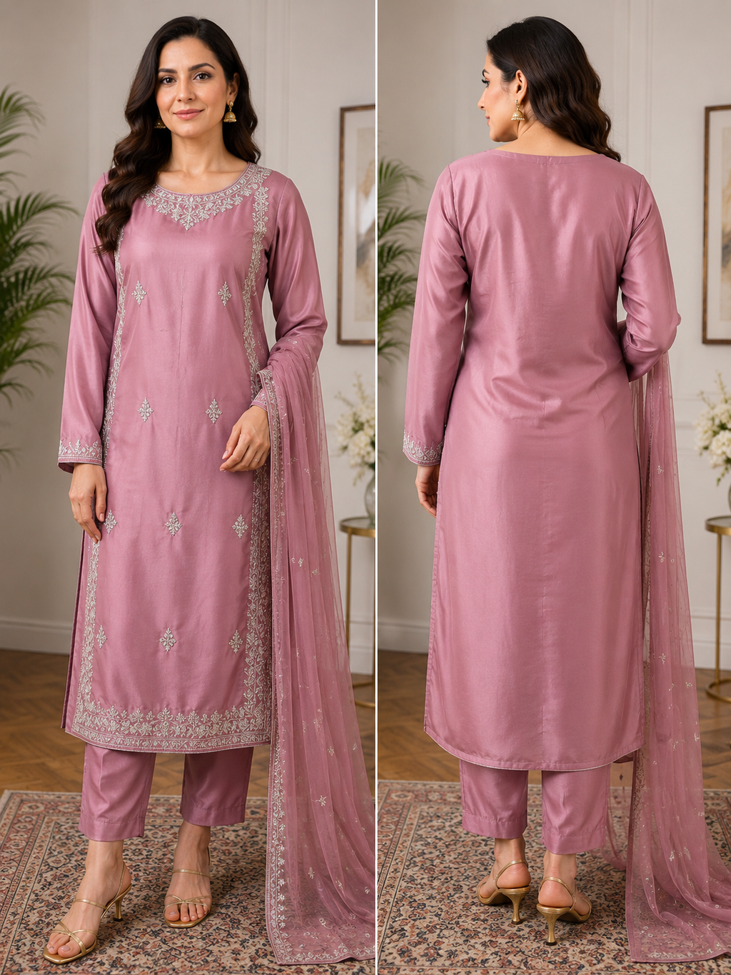 Elegant Pink Embroidered 3-Piece Suit