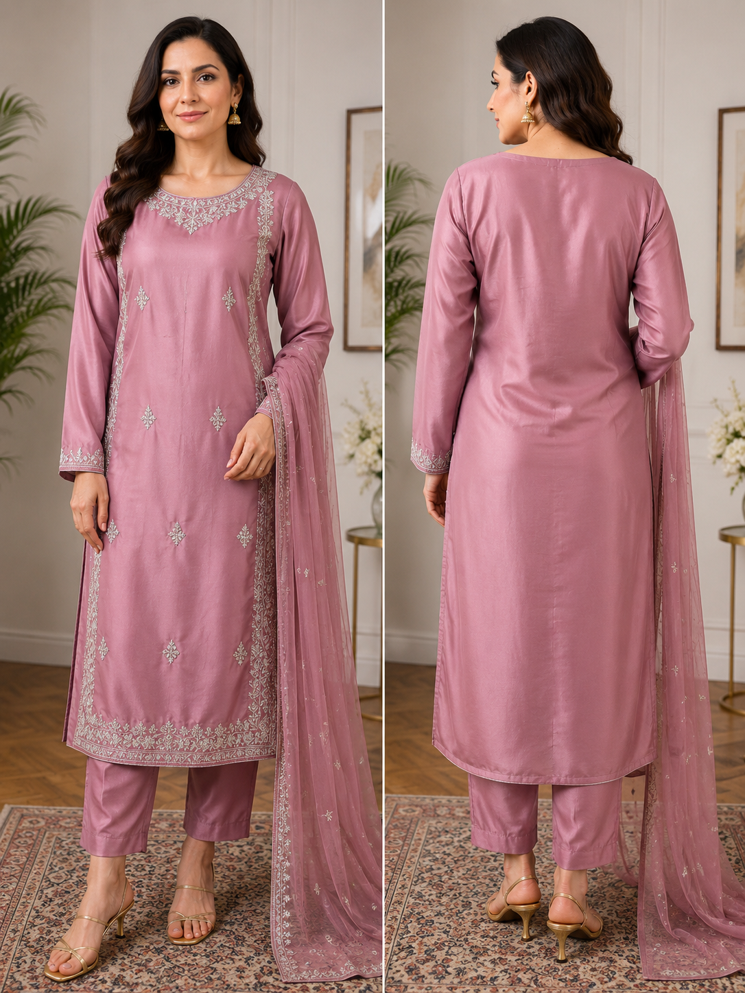 Elegant Pink Embroidered 3-Piece Suit