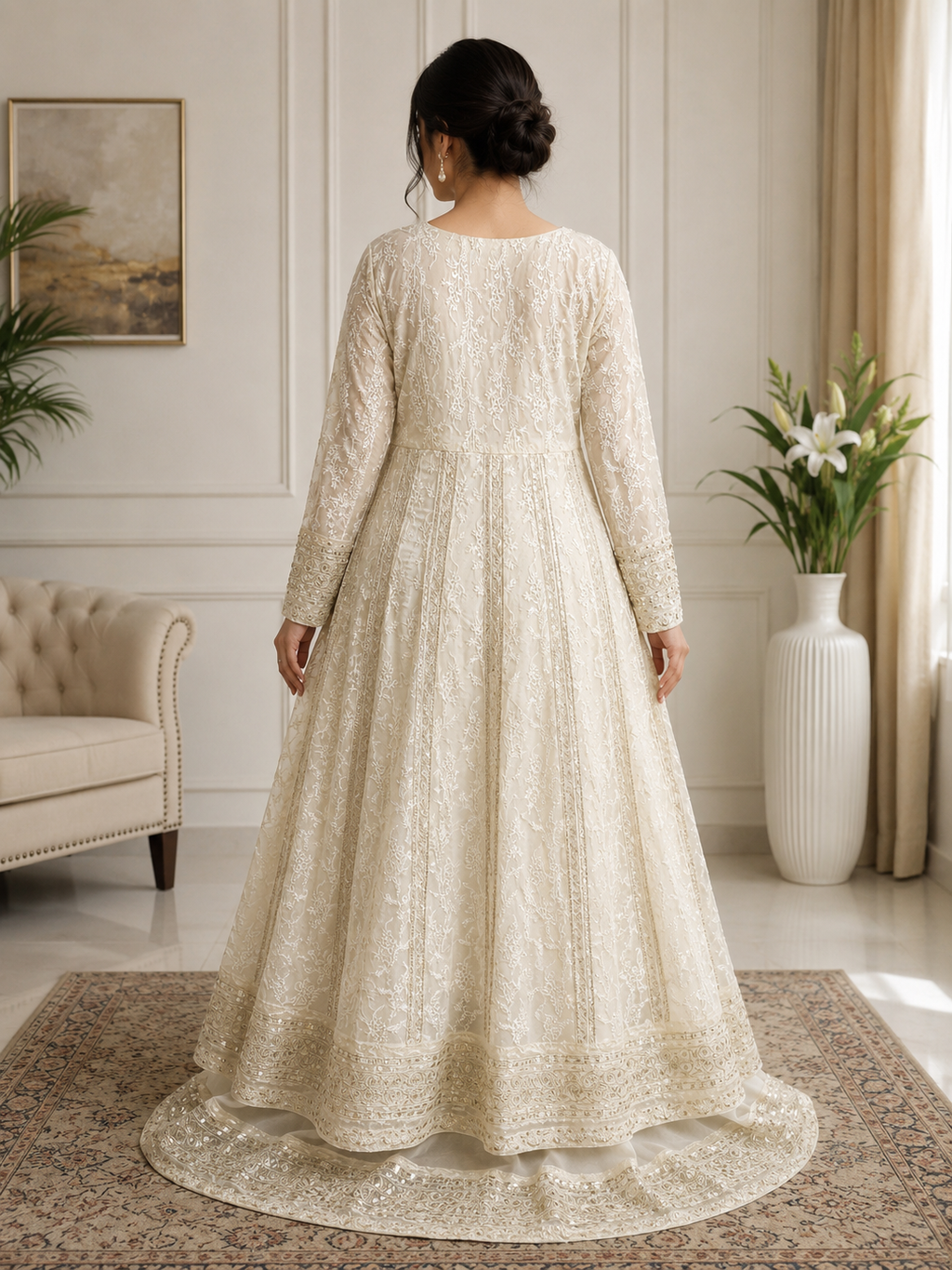 Ivory Embroidered Chikankari Style 3-Piece Suit with Long Frock, Trouser & Dupatta