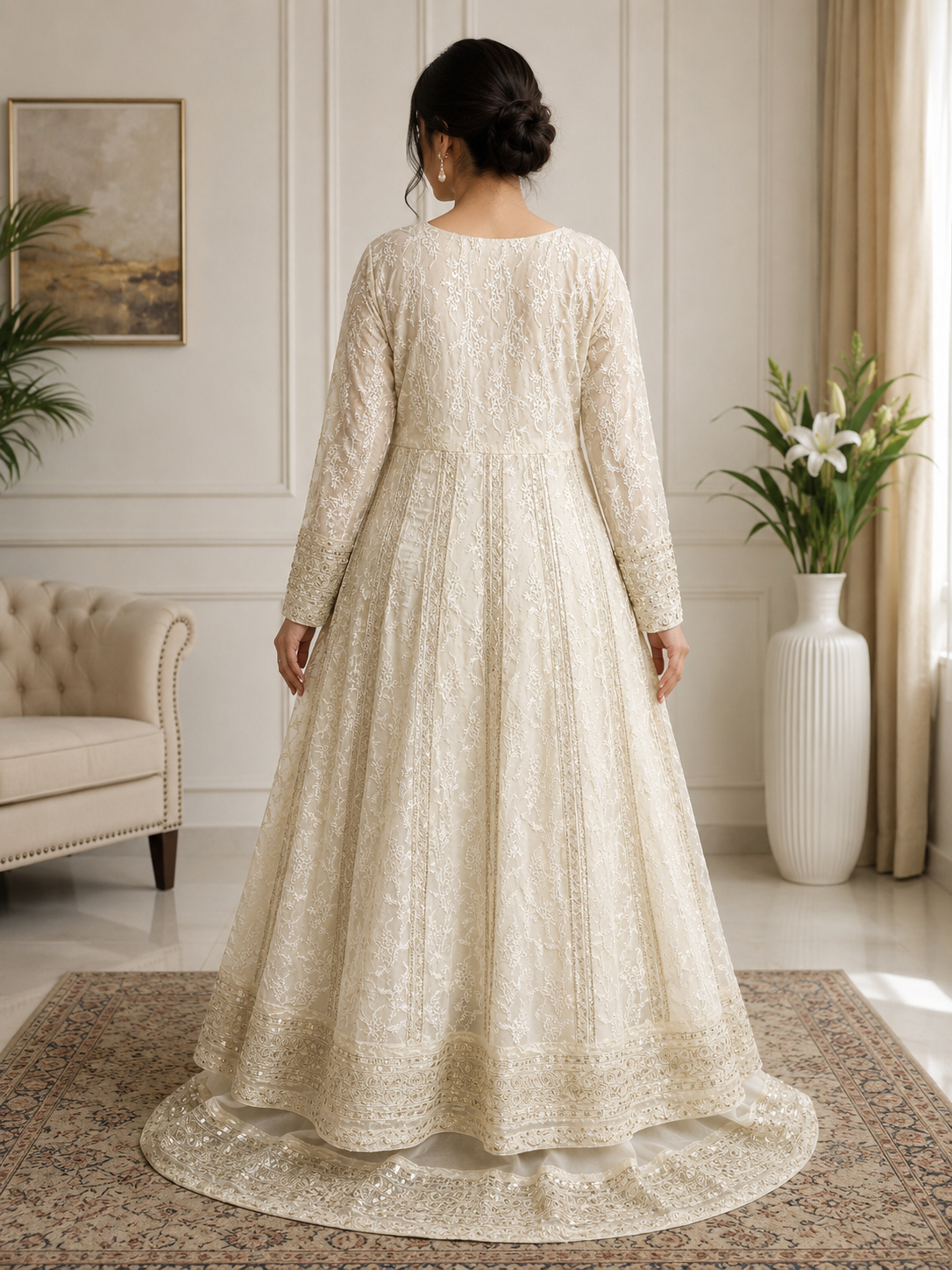 Ivory Embroidered Chikankari Style 3-Piece Suit with Long Frock, Trouser & Dupatta