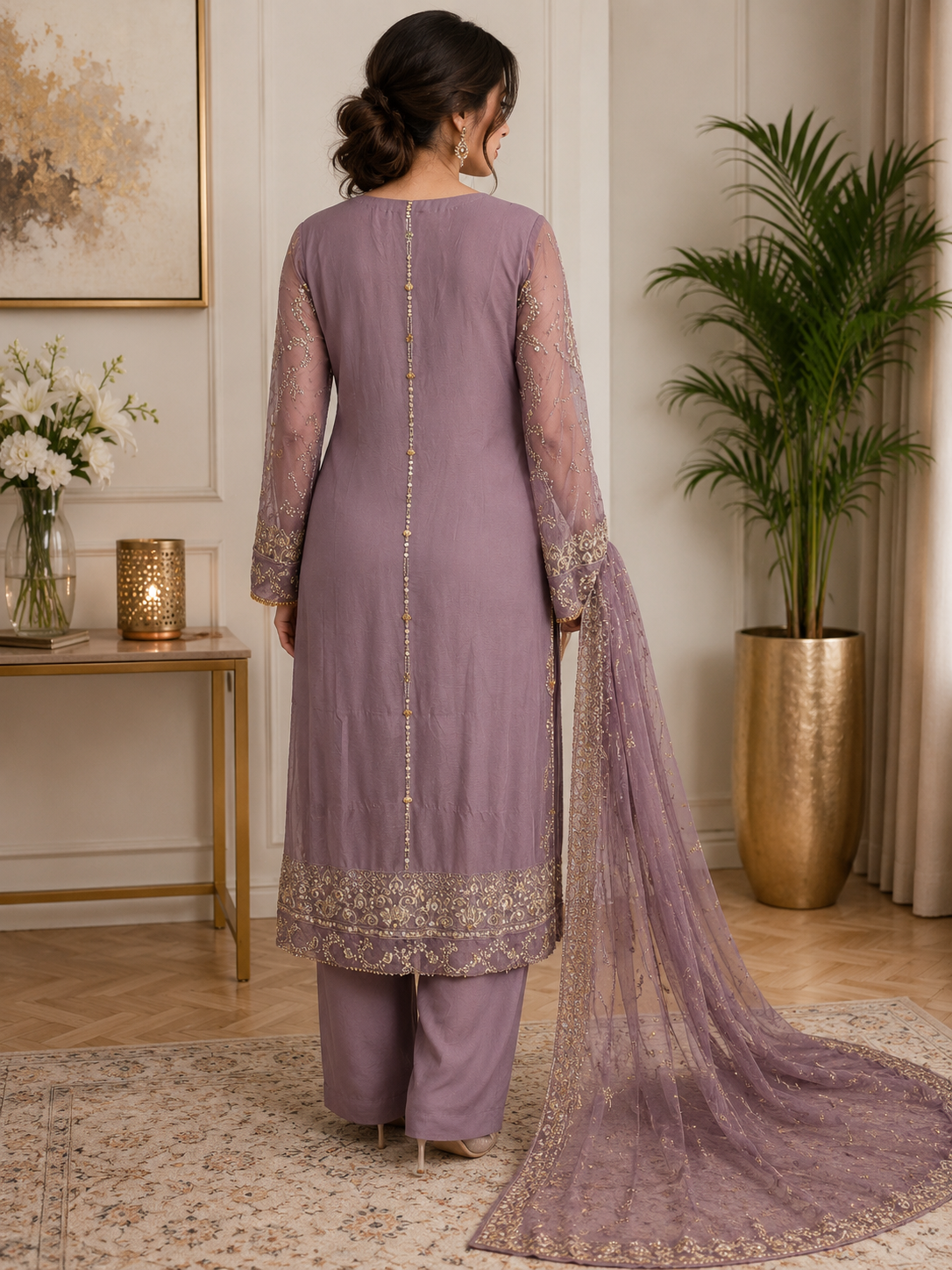 Elegant Mauve Embroidered Chiffon 3-Piece Suit