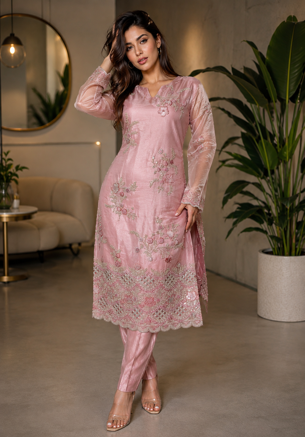Elegant Pink Embroidered Pakistani 3-Piece Suit with Chiffon Dupatta