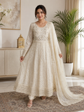 Ivory Embroidered Chikankari Style 3-Piece Suit with Long Frock, Trouser & Dupatta