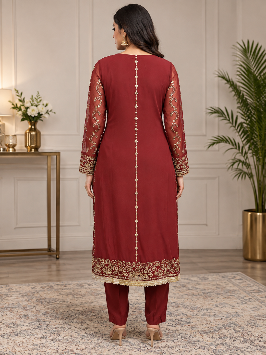 Maroon & Gold Embroidered Pakistani 3-Piece Suit with Chiffon Dupatta