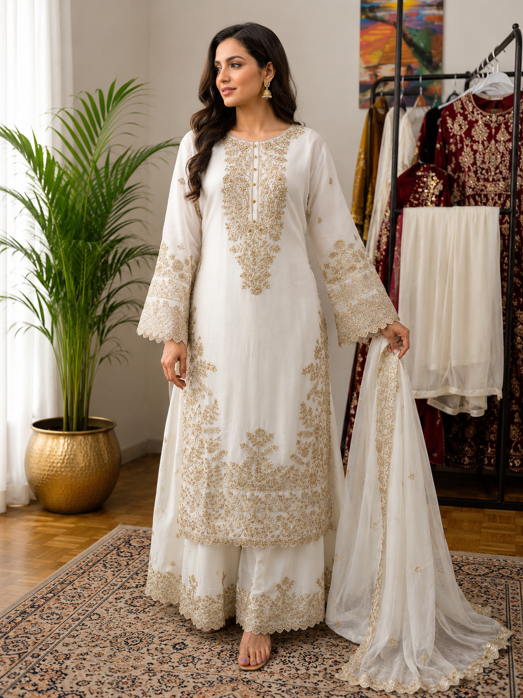 Elegant White & Gold Embroidered Sharara 3-Piece Suit