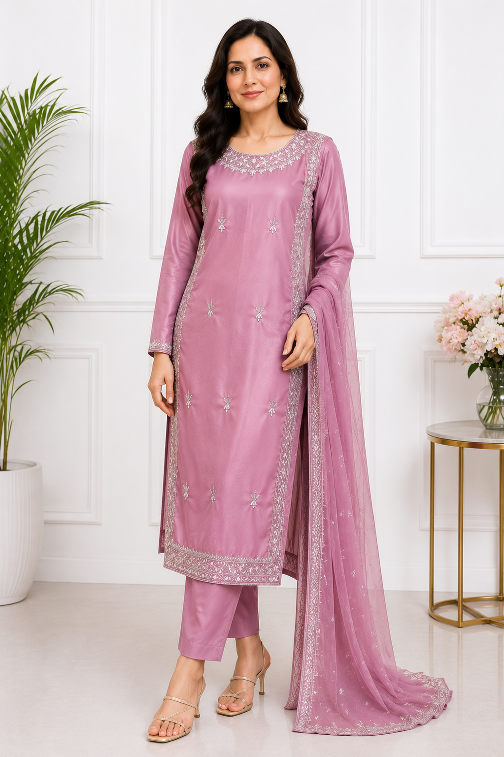 Elegant Pink Embroidered 3-Piece Suit