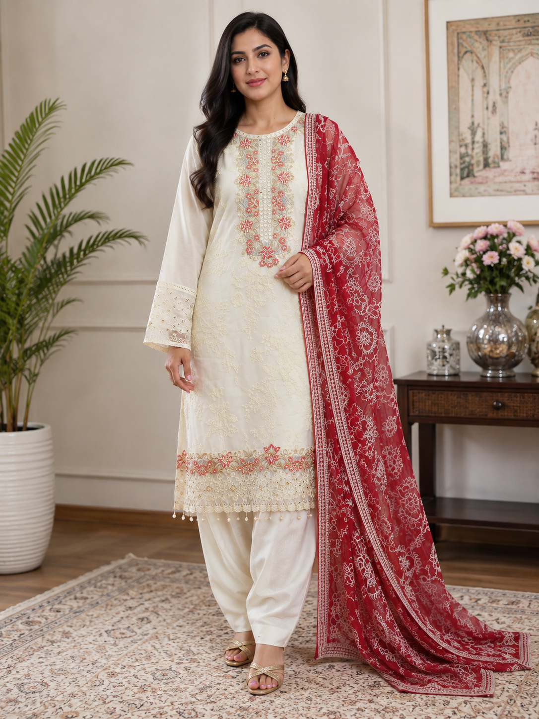 Elegant White & Red Embroidered 3-Piece Suit