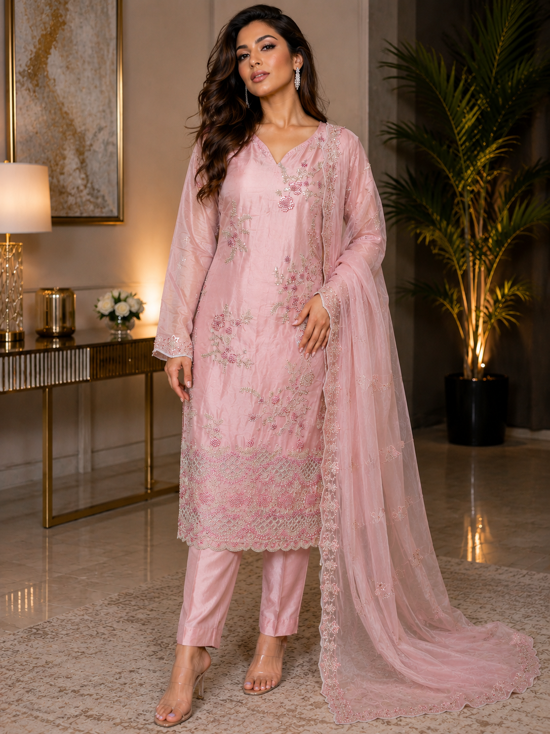 Elegant Pink Embroidered Pakistani 3-Piece Suit with Chiffon Dupatta