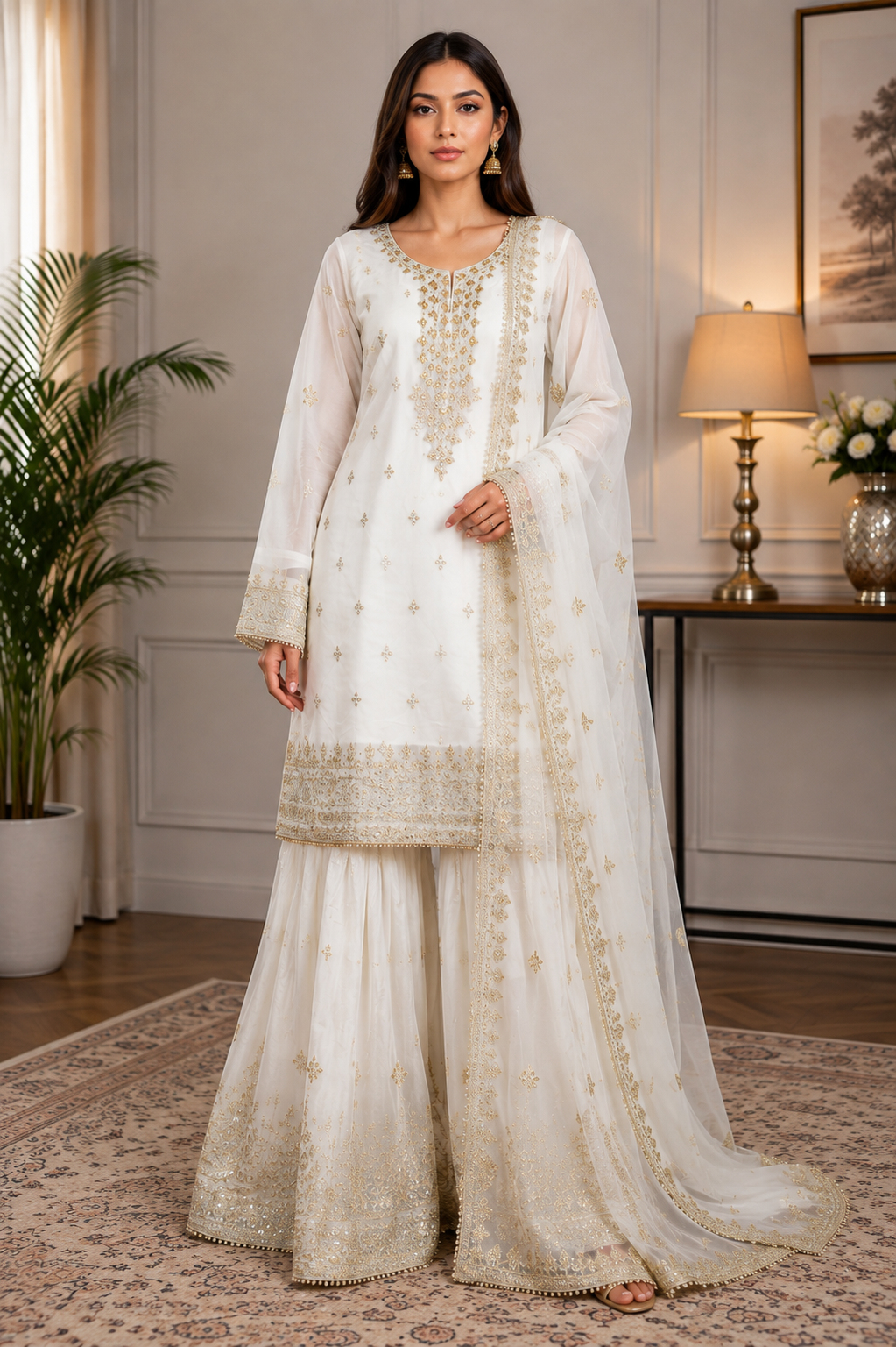 Elegant White & Gold Embroidered Sharara 3-Piece Suit with Chiffon Dupatta