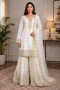 Elegant White & Gold Embroidered Sharara 3-Piece Suit with Chiffon Dupatta