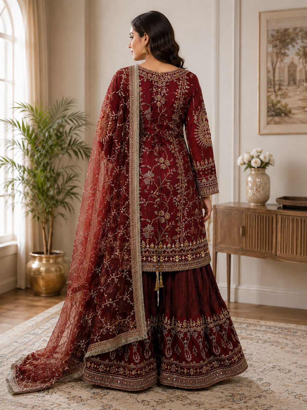 Elegant Maroon Embroidered 3-Piece Maxi Suit