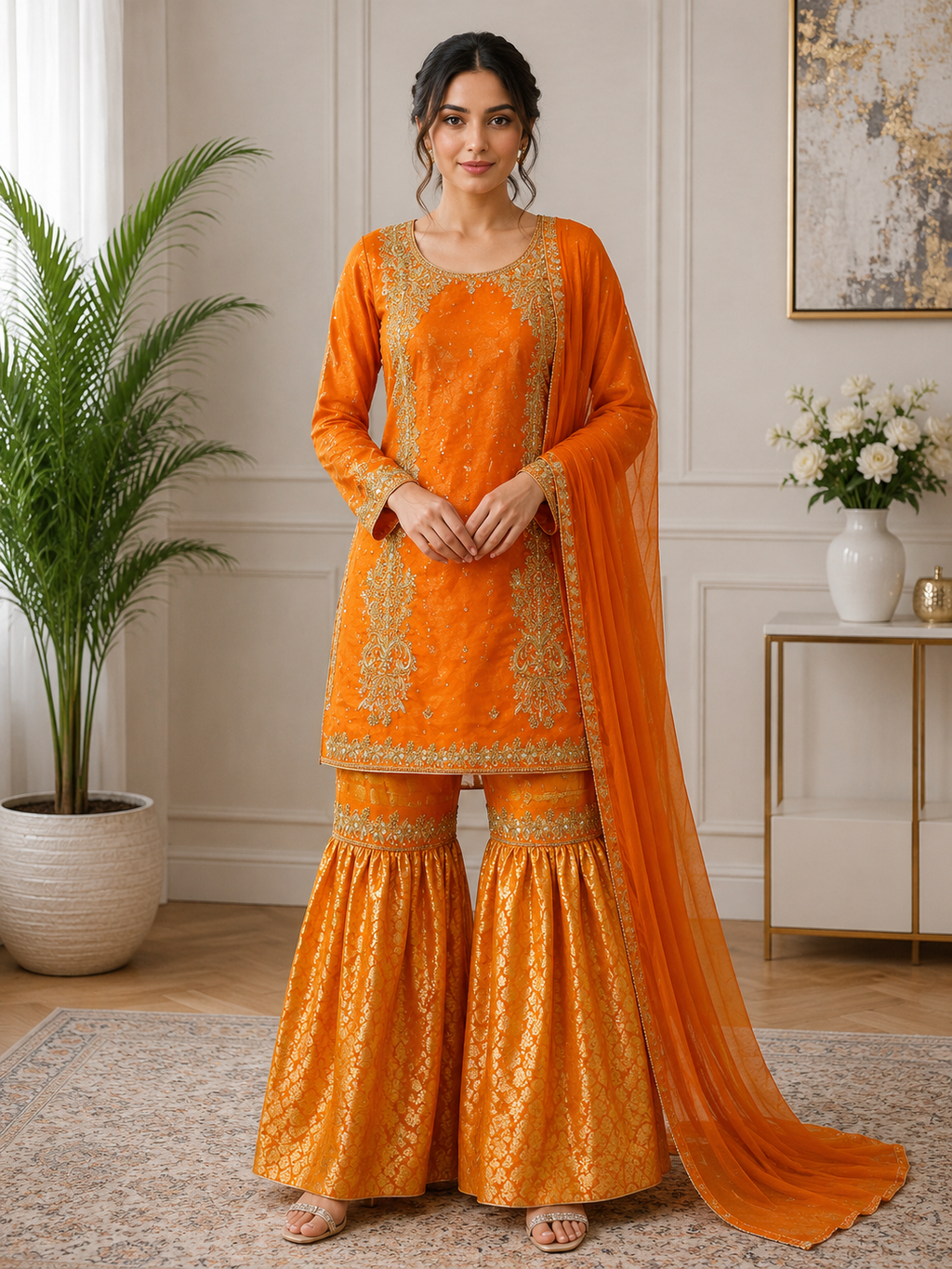Elegant Orange Embroidered Sharara Suit with Matching Dupatta