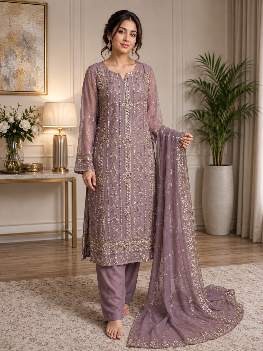 Elegant Mauve Embroidered Chiffon 3-Piece Suit