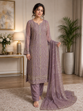 Elegant Mauve Embroidered Chiffon 3-Piece Suit