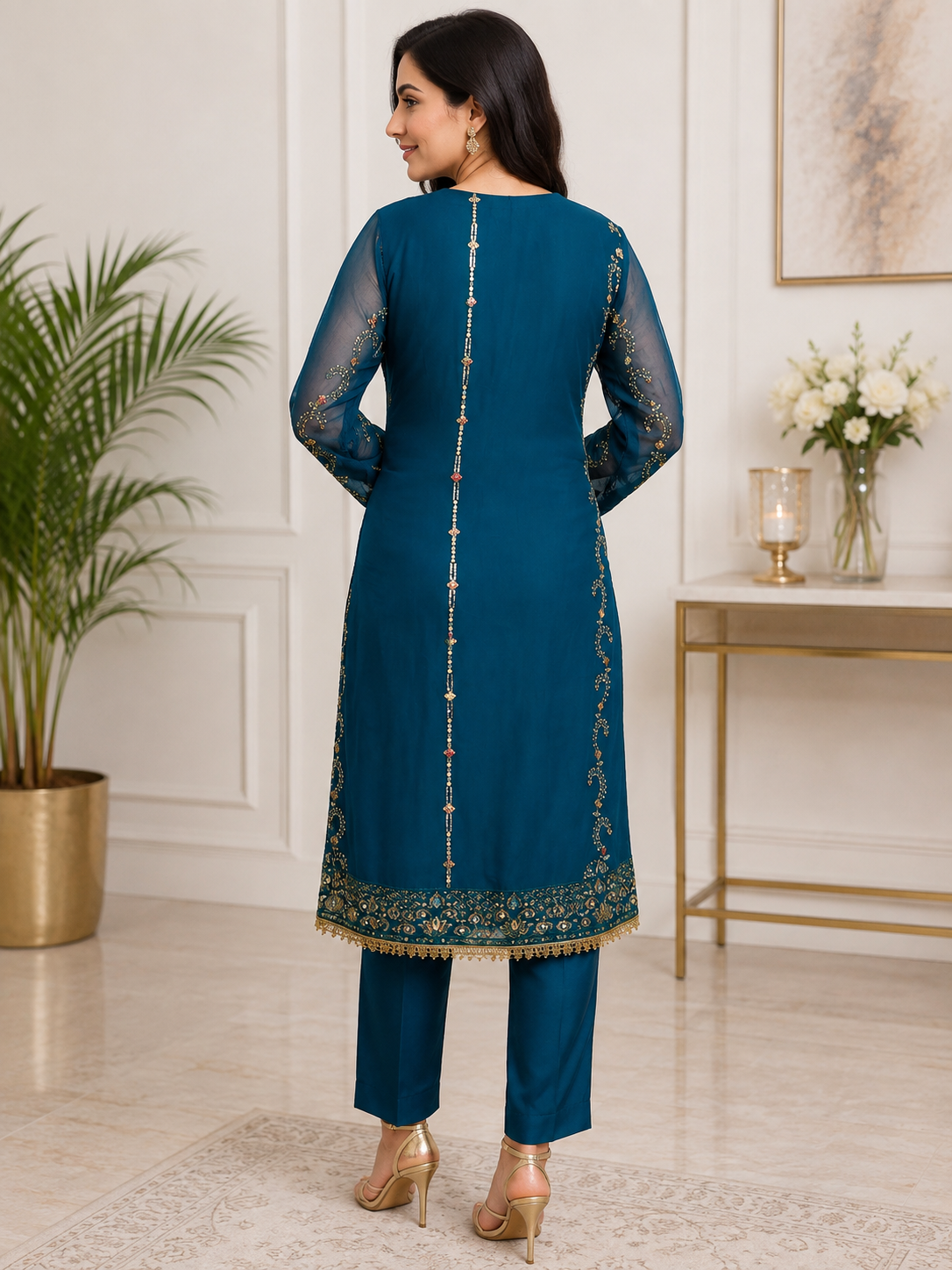 Teal Blue & Gold Embroidered Pakistani 3-Piece Suit with Chiffon Dupatta