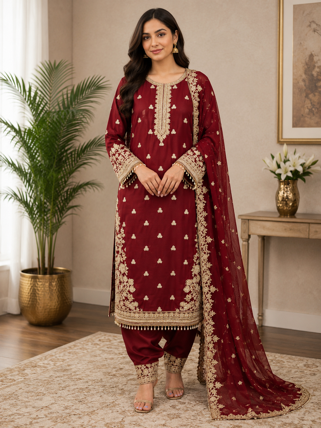 Maroon & Gold Embroidered 3-Piece Suit.