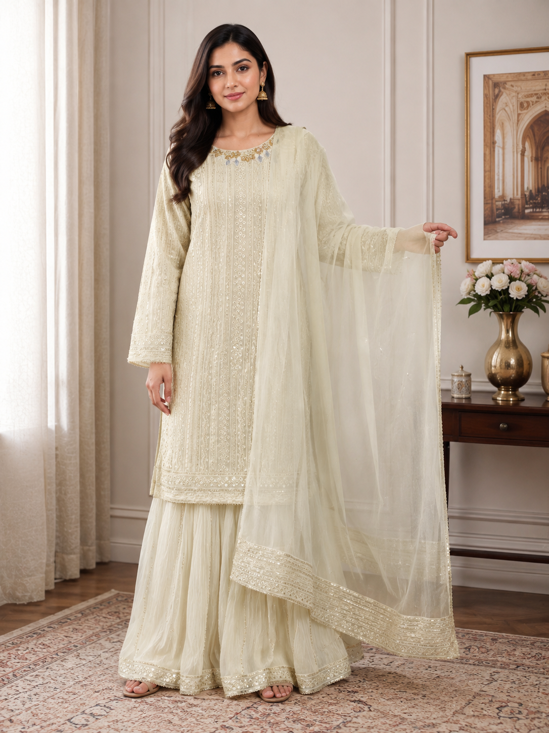 Elegant Ivory Embroidered Sharara 3-Piece Suit