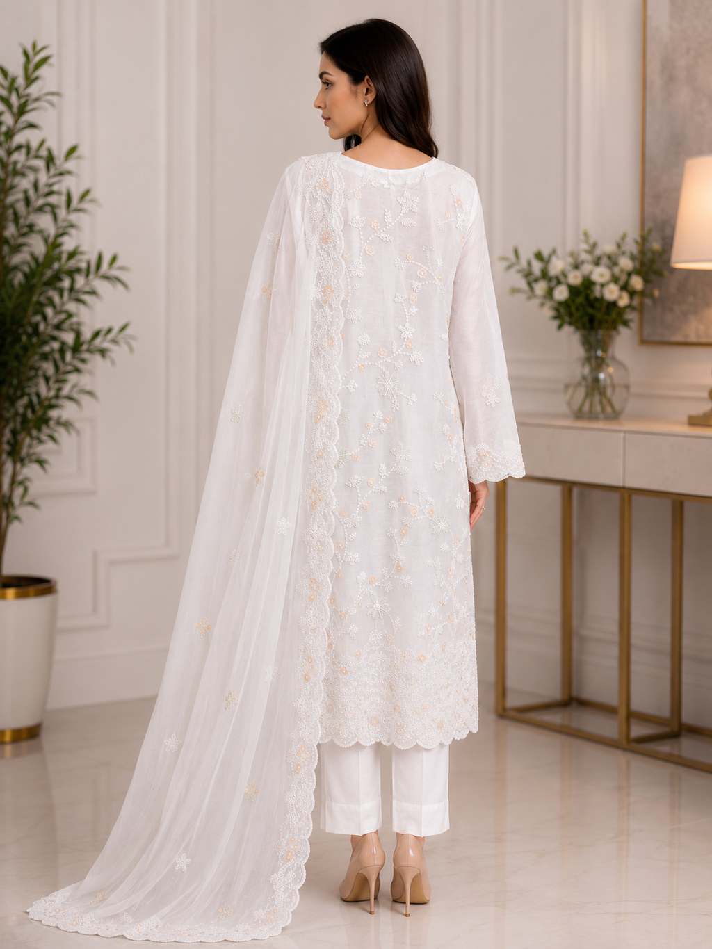 Elegant White Embroidered 3-Piece Suit