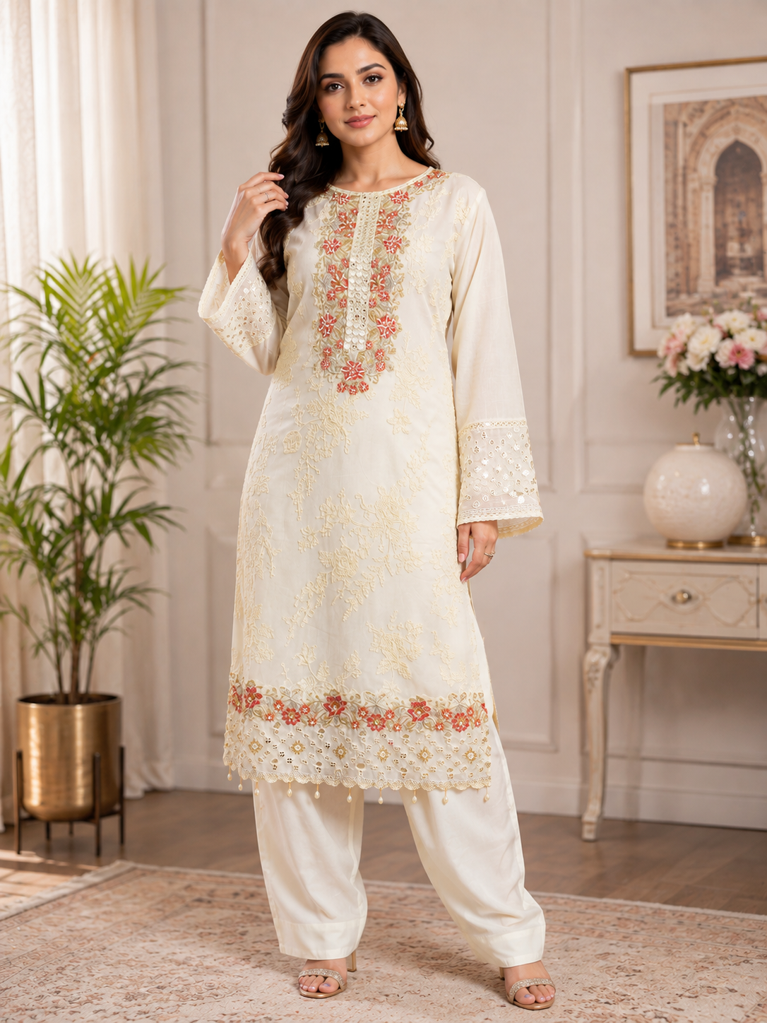 Elegant White & Red Embroidered 3-Piece Suit