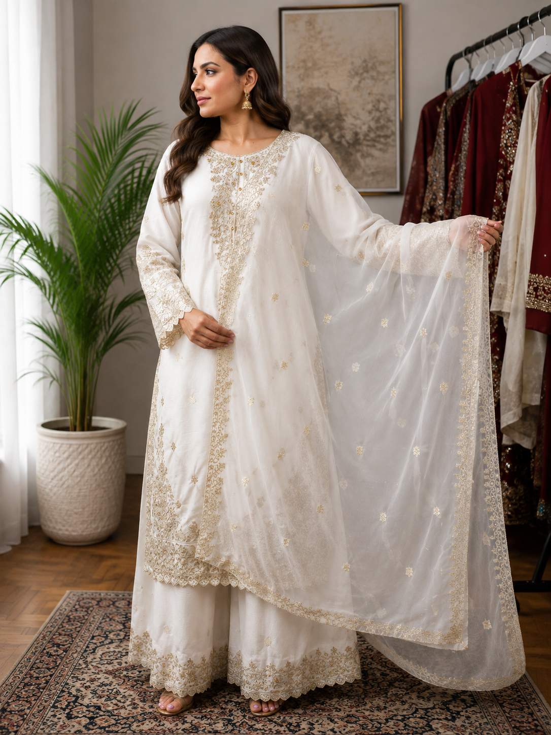 Elegant White & Gold Embroidered Sharara 3-Piece Suit