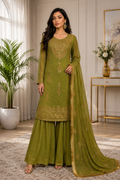 Olive Green Embroidered Sharara 3-Piece Suit with Chiffon Dupatta