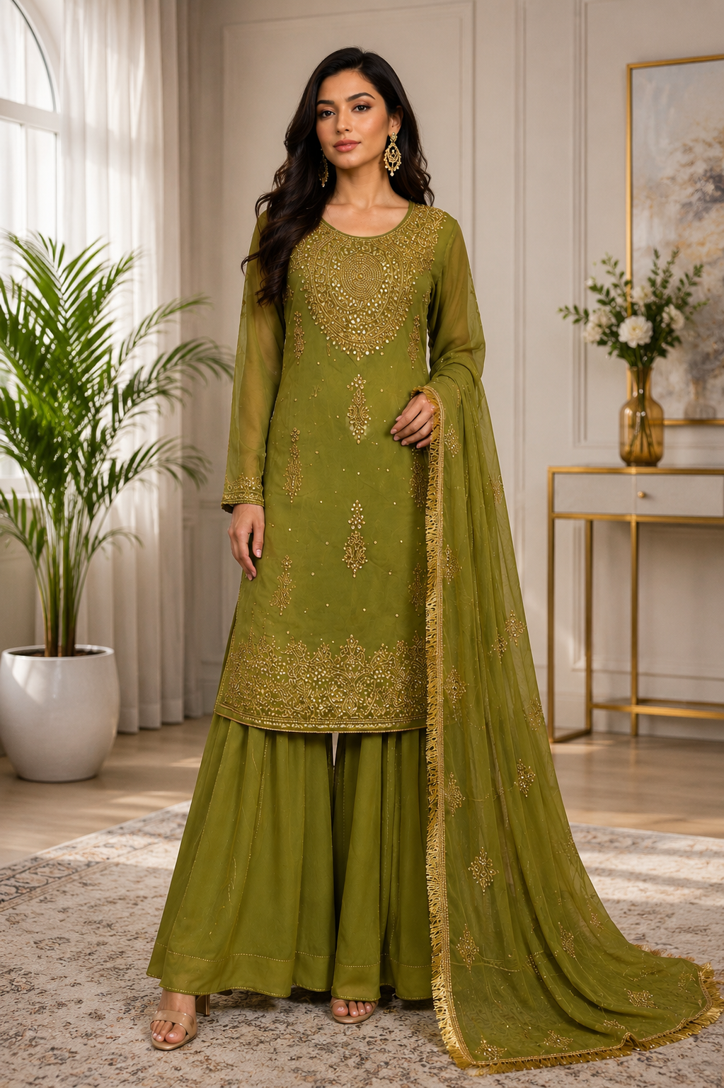 Olive Green Embroidered Sharara 3-Piece Suit with Chiffon Dupatta
