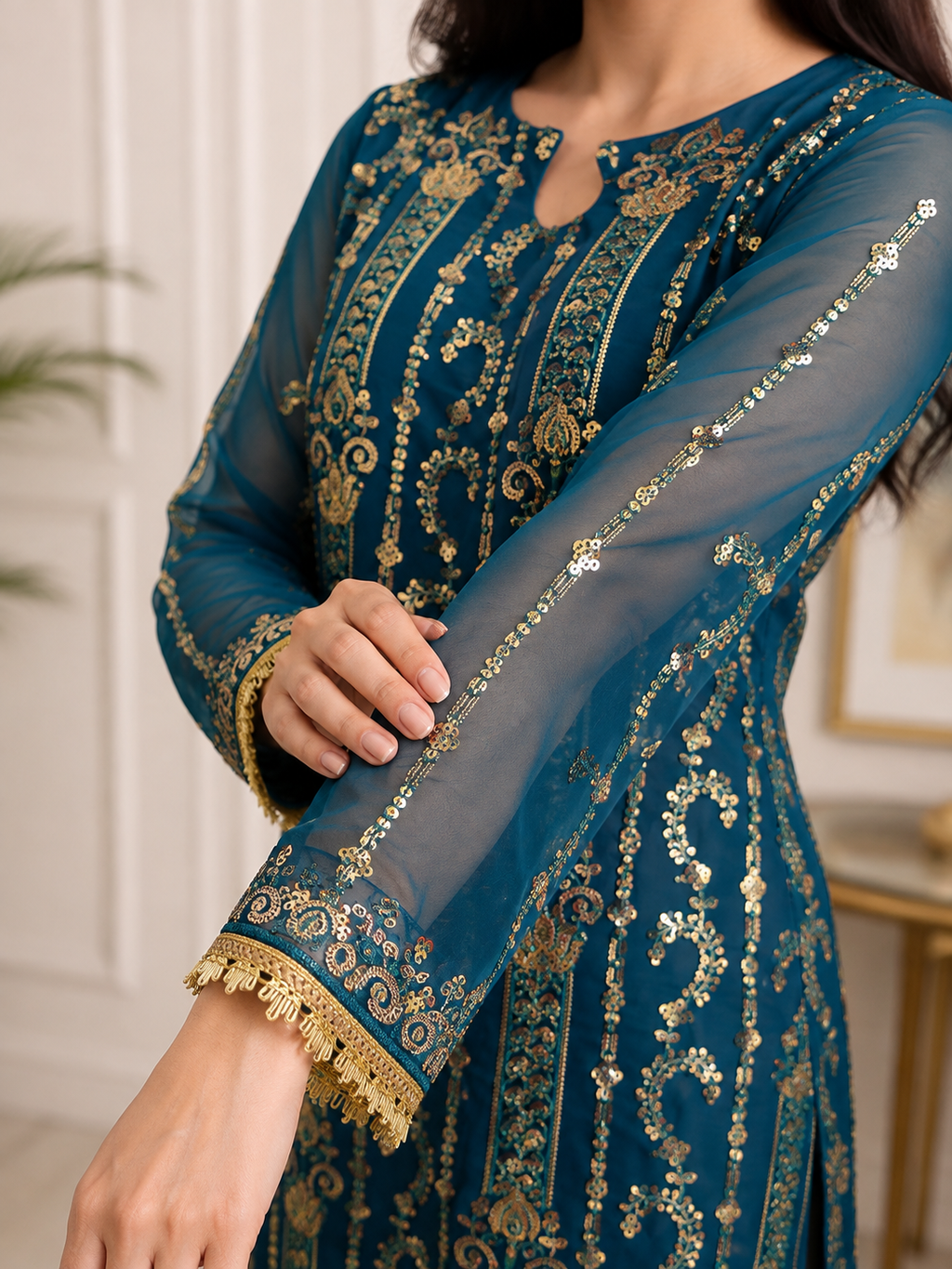 Teal Blue & Gold Embroidered Pakistani 3-Piece Suit with Chiffon Dupatta