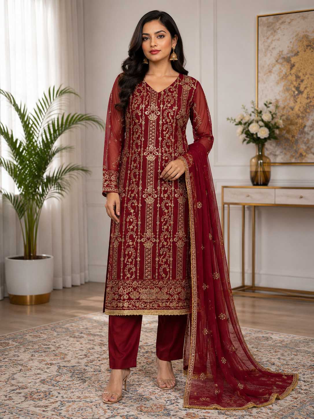 Maroon & Gold Embroidered Pakistani 3-Piece Suit with Chiffon Dupatta