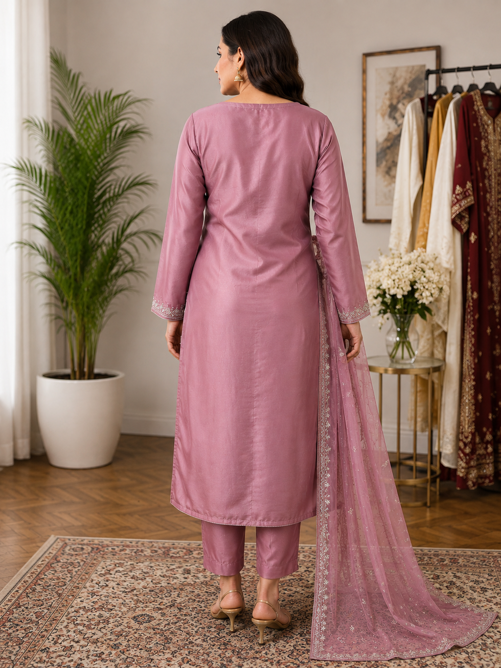 Elegant Pink Embroidered 3-Piece Suit