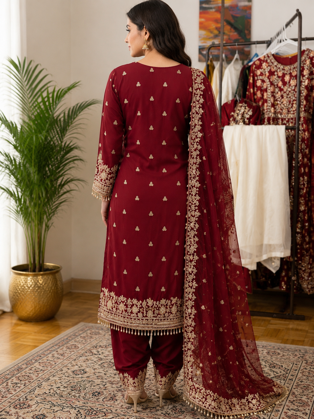 Maroon & Gold Embroidered 3-Piece Suit.
