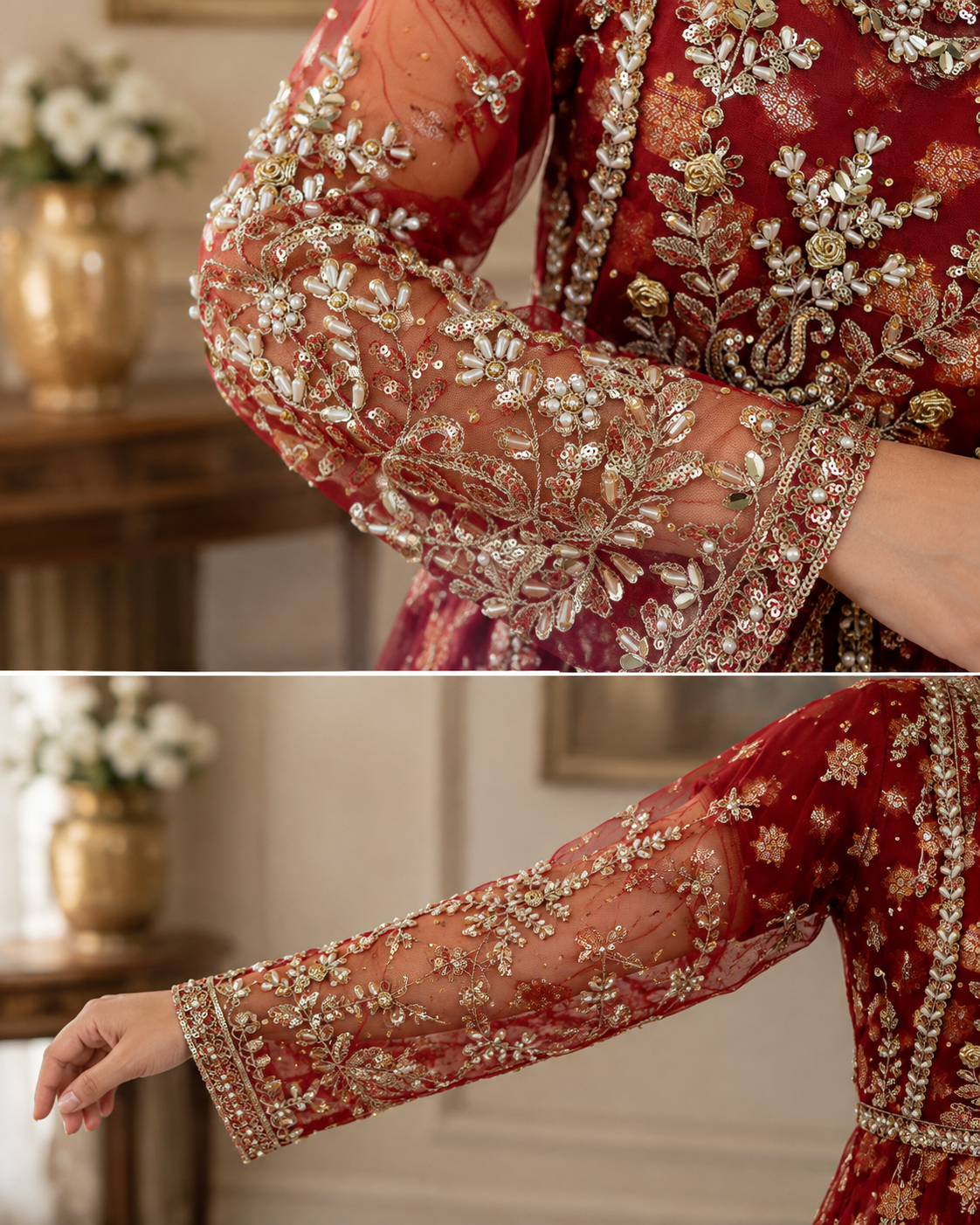 Maroon & Gold Embroidered Maxi 3-Piece Suit