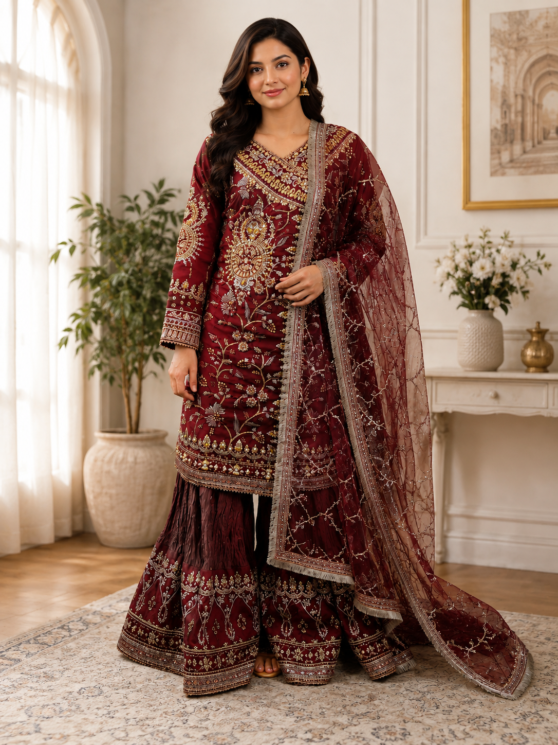 Elegant Maroon Embroidered 3-Piece Maxi Suit
