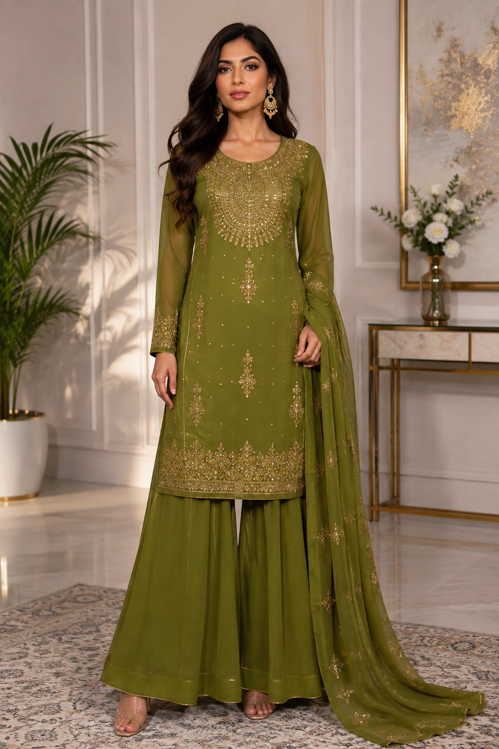Olive Green Embroidered Sharara 3-Piece Suit with Chiffon Dupatta