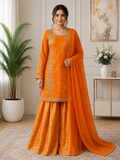 Elegant Orange Embroidered Sharara Suit with Matching Dupatta