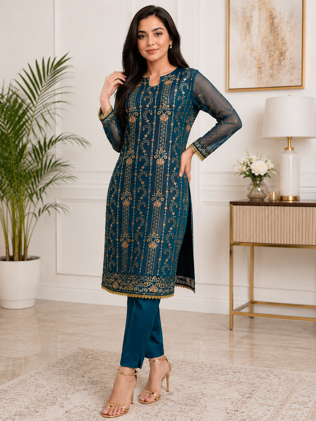 Teal Blue & Gold Embroidered Pakistani 3-Piece Suit with Chiffon Dupatta
