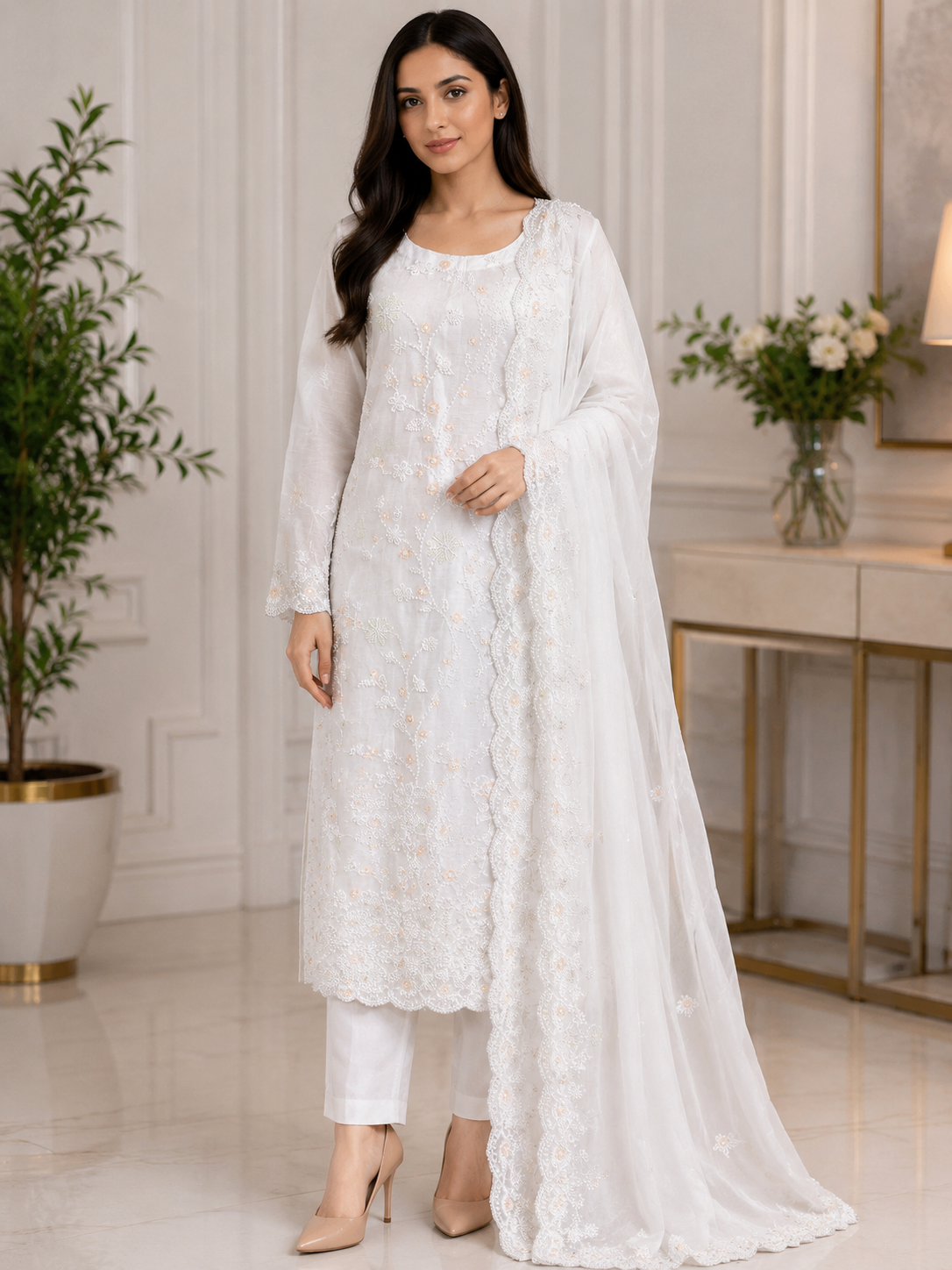 Elegant White Embroidered 3-Piece Suit