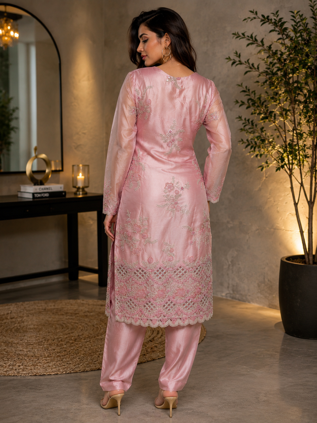 Elegant Pink Embroidered Pakistani 3-Piece Suit with Chiffon Dupatta